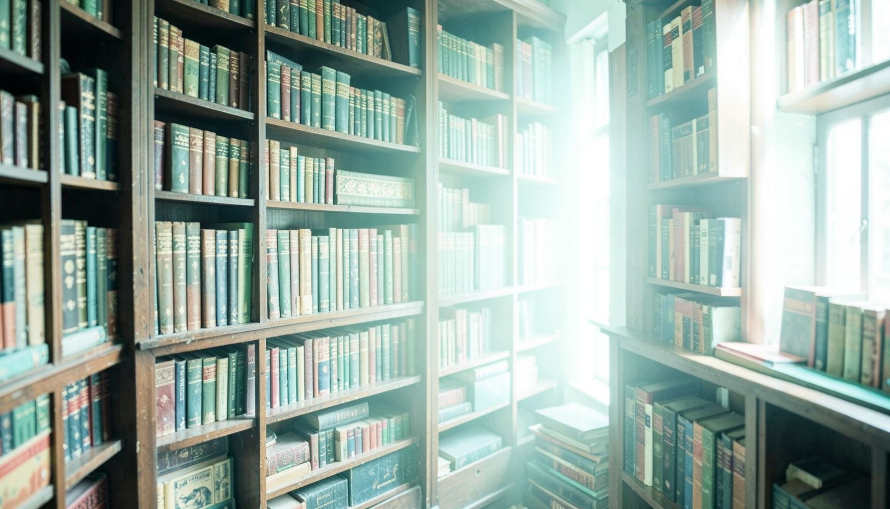 صورة جوية لمكتبة عربية تقليدية ذات أرفف خشبية داكنة وكتب مكدسة، يغمرها ضوء دافئ ناعم من نافذة جانبية، بأجواء هادئة وتأملية