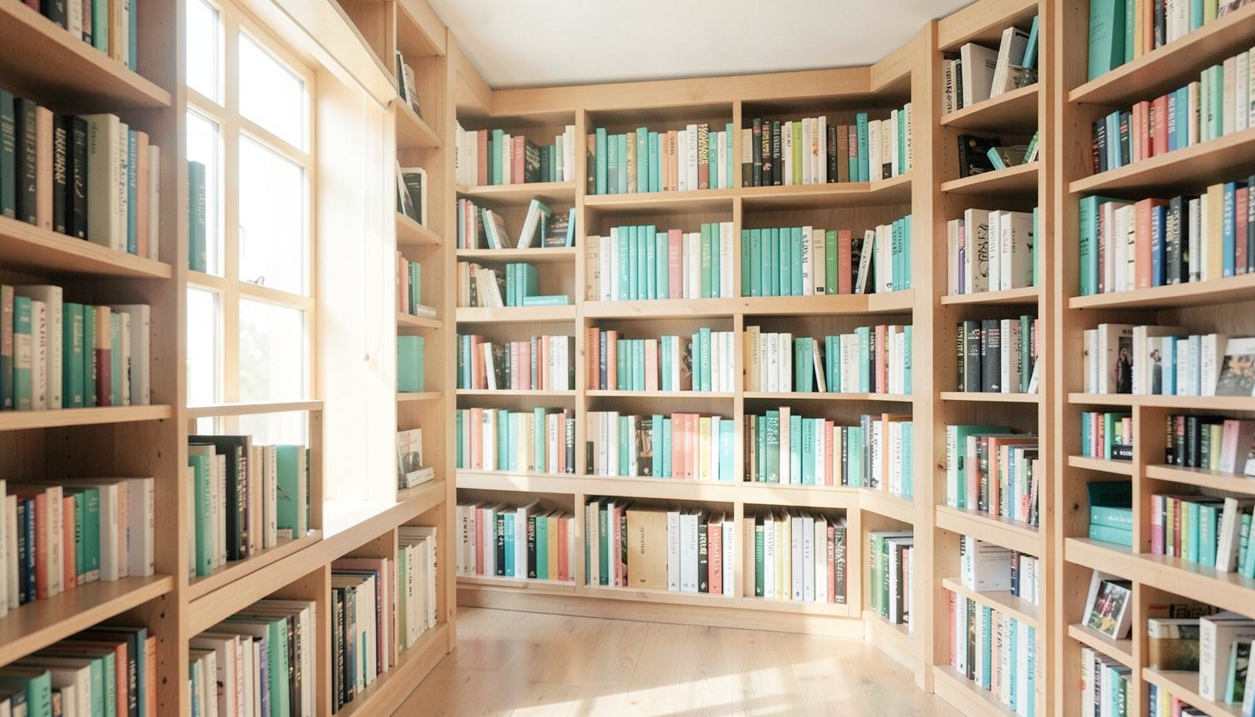 صورة جوية لمكتبة هادئة تضم رفوفا خشبية مليئة بالكتب، يغمرها ضوء دافئ ناعم يتسلل من نافذة جانبية، بألوان بنية وذهبية وبيج